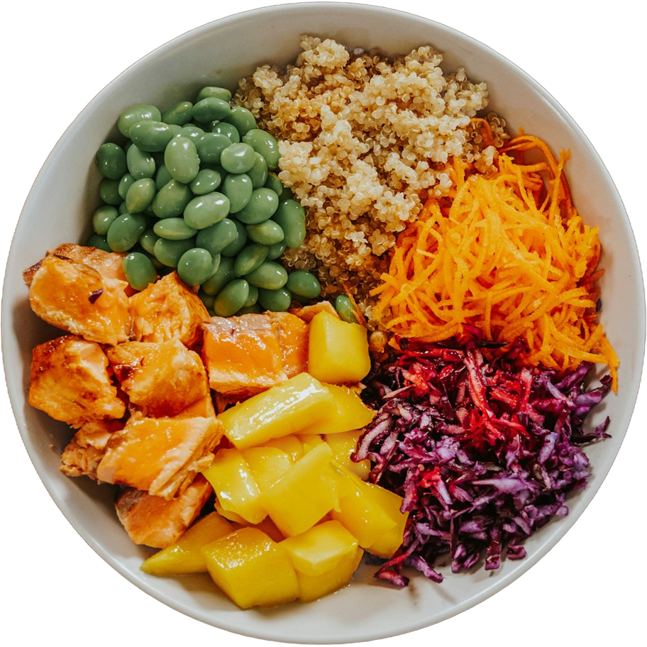 Salmon, quinoa and vegetable bowl
